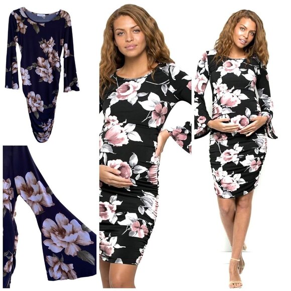 My Bump Slim Fit Dark Floral Maternity Dress Versatile Occasions All Seasons Lrg - Picture 1 of 6